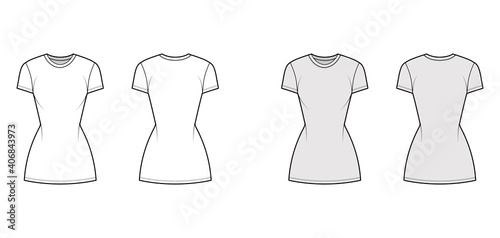 T-shirt dress technical fashion illustration with crew neck, short sleeves, mini length, slim fit, Pencil fullness. Flat apparel template front, back, white, grey color. Women, men, unisex CAD mockup