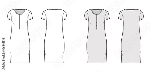 Shirt dress technical fashion illustration with henley neck, short sleeves, knee length, oversized, Pencil fullness. Flat apparel template front, back, white, grey color. Women, men, unisex CAD mockup