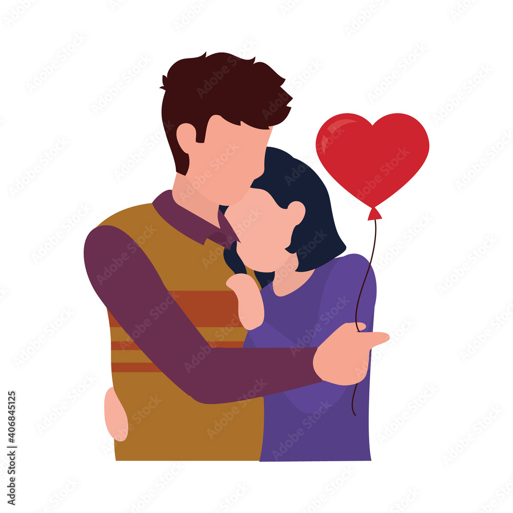 loving couple embracing each other holding a heart balloon, flat style loving couple embracing each other holding a heart balloon, flat style
