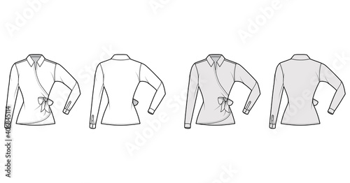 Shirt wrap technical fashion illustration with bow tie closure, elbow folded long sleeves, fitted body. Flat blouse top outwear template front, back, white, grey color. Women men unisex CAD mockup