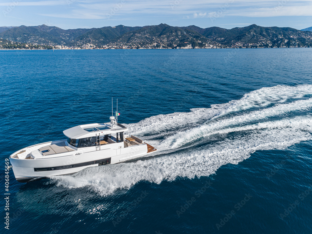 Fototapeta premium motor yacht in navigation aerial view
