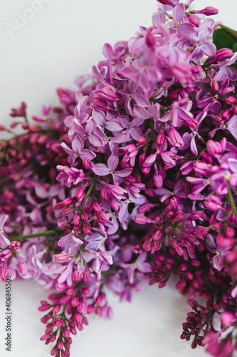 Lilac flowers on a white table. Free space for an inscription.