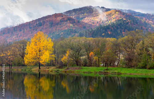 Carpathians. Picturesque lake in autumn.