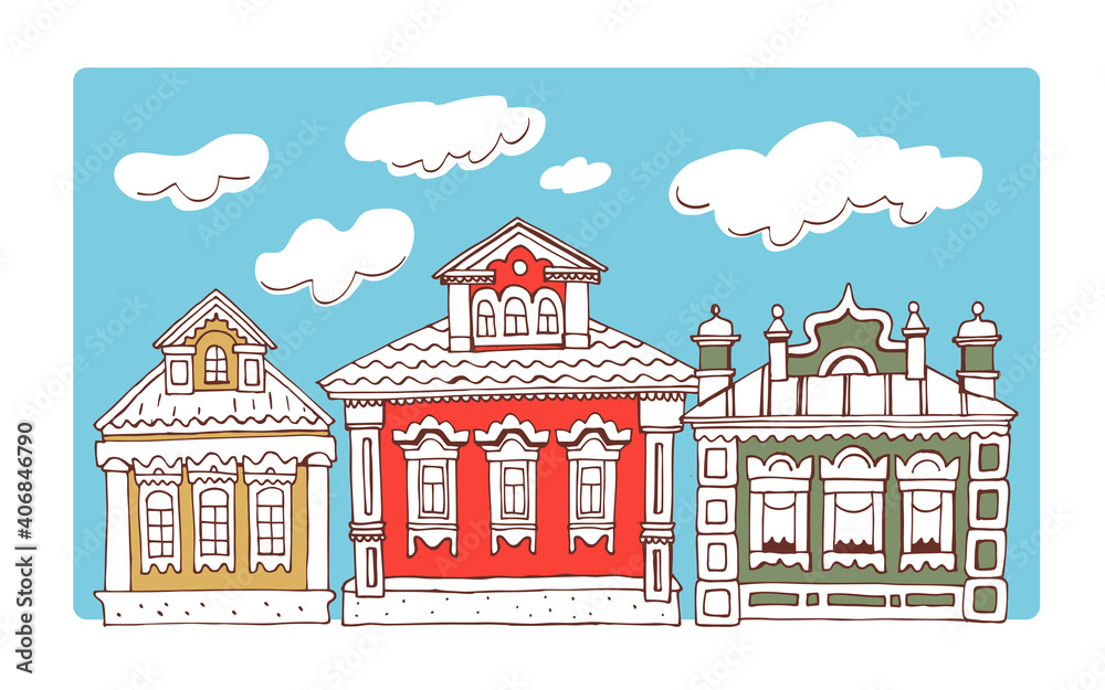 Wooden Russian houses. Vector hand drawn illustration of traditional architecture of old Russia for banner, greeting card, travel guide, map.