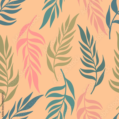 Abstract elegant seamless pattern of lined botanical floral motifs of autumn plants and leaves