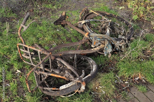 Rusty Bicycle Salvaged from the Water on the Grass