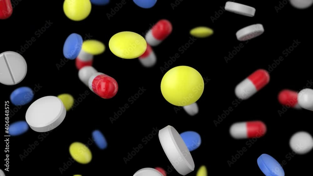 Colored pills of different shapes fall down. Falling drugs on a transparent background. Pharmaceutical business concept. Looping 4k animation, ProRes 4444
