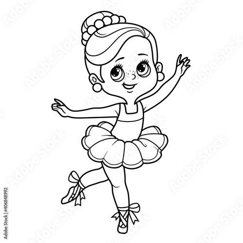 Cartoon ballerina girl dance in lush tutu outlined for coloring isolated on a white background
