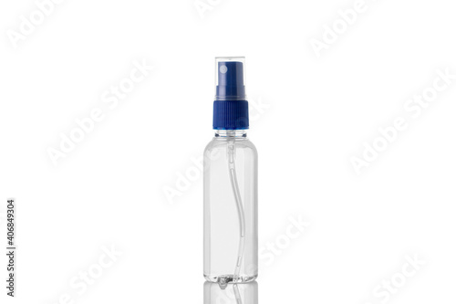 Transparent spray bottle with blue cap isolated on white background. Hand disinfection spray.