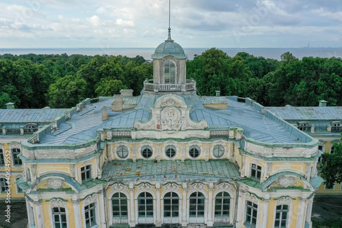 Aerial view of the facade of the Znamenka estate palace on a sunny summer day. Znamensky palace in Peterhof. Russia, Peterhof, 07.20.2020 photo