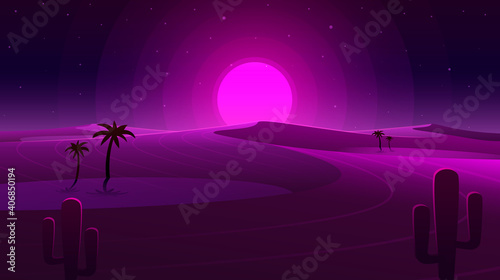 Desert neon cover with oasis and palm trees. Nature background. Vector