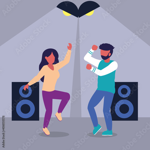 woman and man dancing at the party, colorful design
