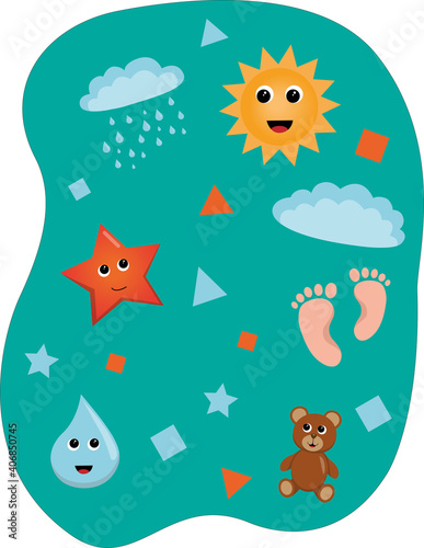 Vector children's bright background. Composition with cute characters for poster, postcards, letterheads or advertising layouts