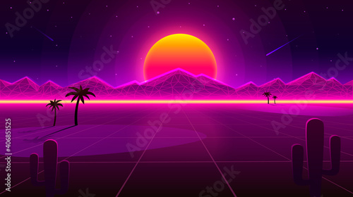 Retro wave Desert neon cover with oasis and palm trees. Nature background. Vector