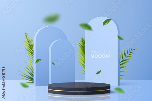 Blue vector background with round black podium for product display. Abstract 3d scene with geometric forms, palm branches and falling leaves. Ideal for showing natural cosmetics packaging. Eps 10