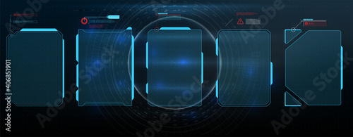 HUD, UI, GUI futuristic user interface screen elements set. High tech screen for video game. Sci-fi concept design.  Virtual hi Scifi HUD, UI, GUI futuristic user frame interface screen elements set.