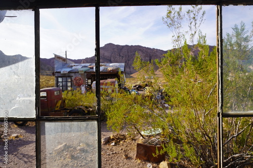 Broken windows in western ghost town