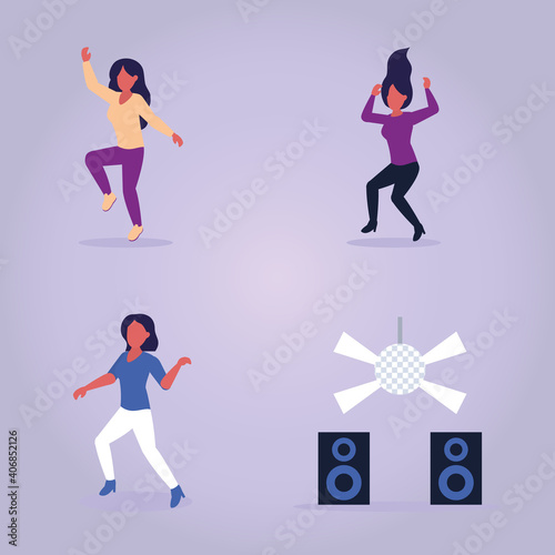 icon set of women dancing and disco lamp and speakers, colorful design