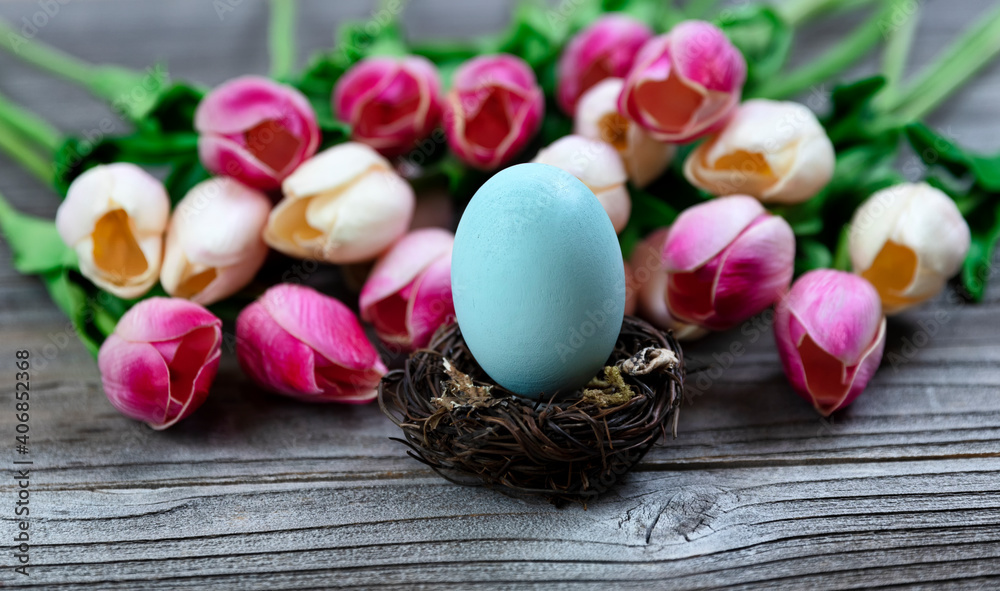 Select focus of standing up egg in nest with tulips and rustic wood in background