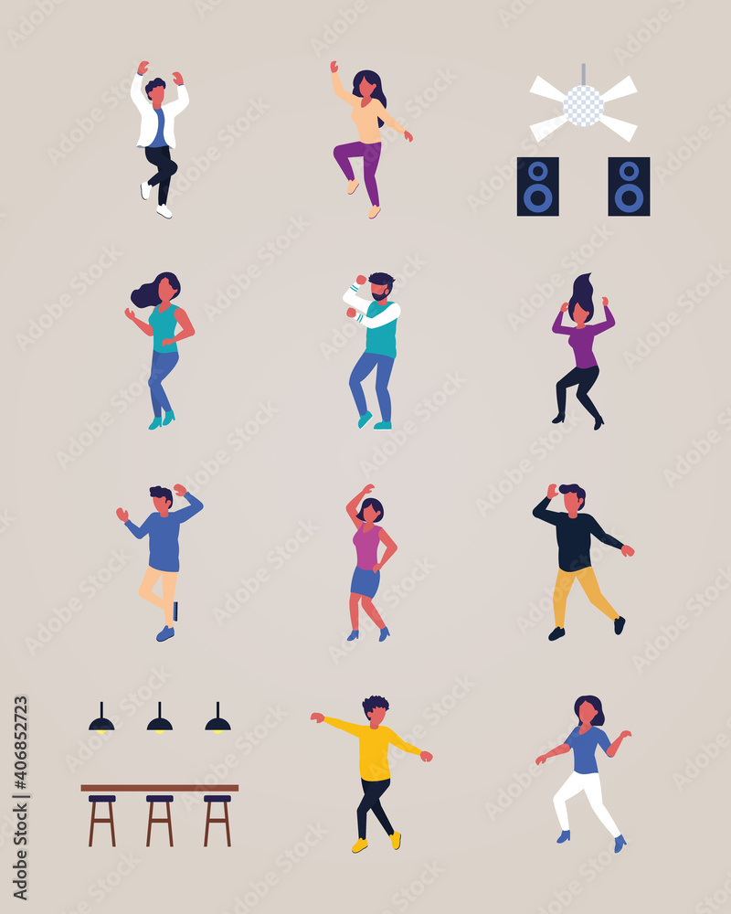 icon set of people dancing and bar stuffs, colorful design