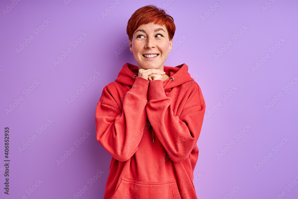 dreamy woman stand in contemplation, wish and hope, shine with happiness isolated on purple background dreamy woman stand in contemplation, wish and hope, shine with happiness isolated on purple background