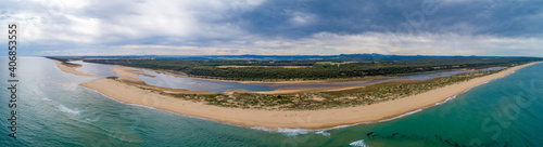 Ultra wide aerial panorama of Snowy River Estuary. Marlo, Victoria, Australia