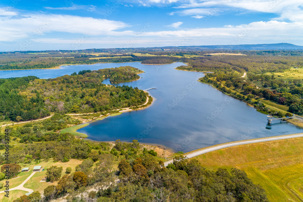Devilbend Reservoir Lake - aerial view. Mornington Peninsula, Victoria, Australia