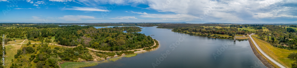 Ultra wide aerial panorama of Devilbend Reservoir in Victoria, Australia