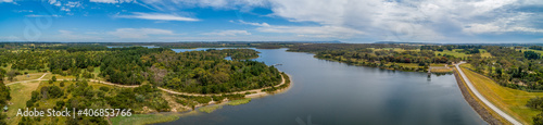 Ultra wide aerial panorama of Devilbend Reservoir in Victoria, Australia