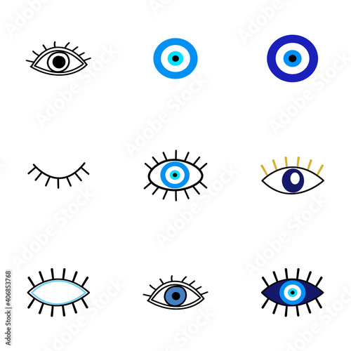Evil eye protection talisman. Collection of of turkish blue eye-shaped amulets, nazar talismans in hand drawn style. Vector illustration of eyes with lashes, magical decor elements photo