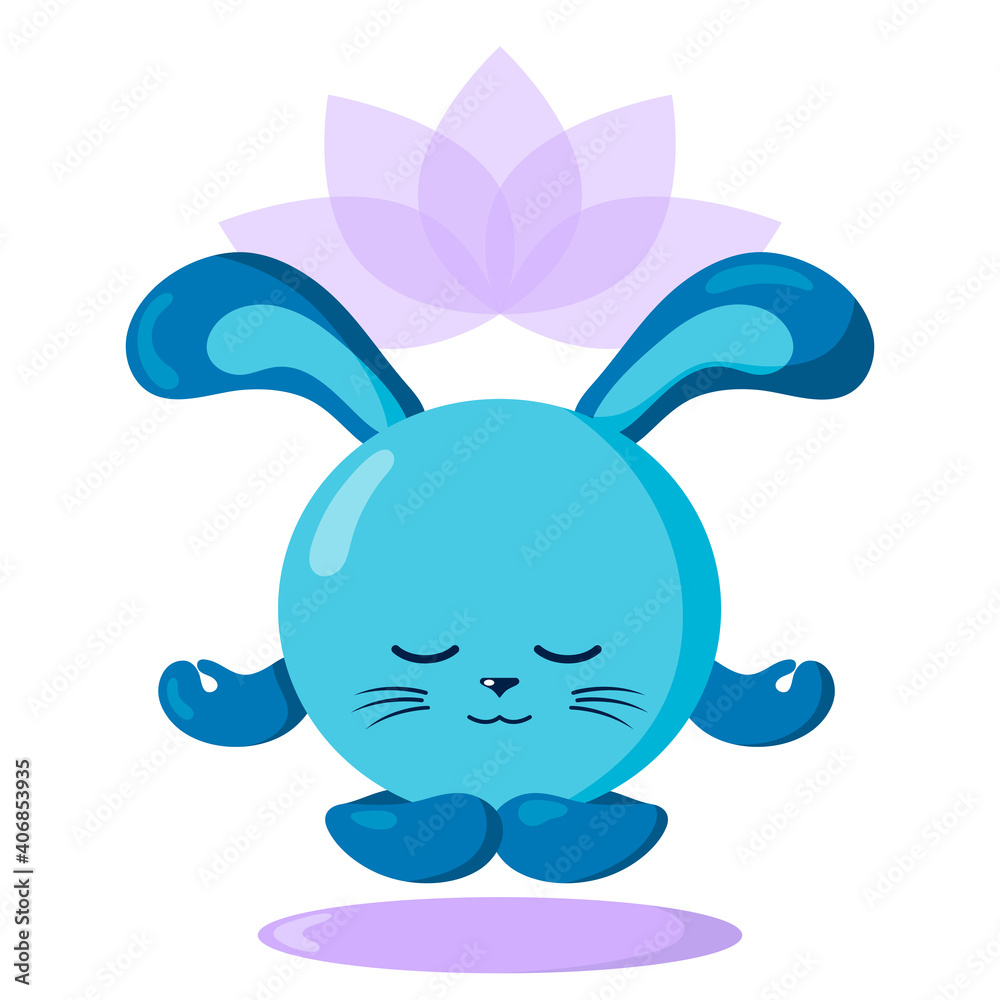 Funny cute kawaii meditating hare or rabbit with lotus flower over head and round body in flat design with shadows. Isolated meditation animal vector illustration