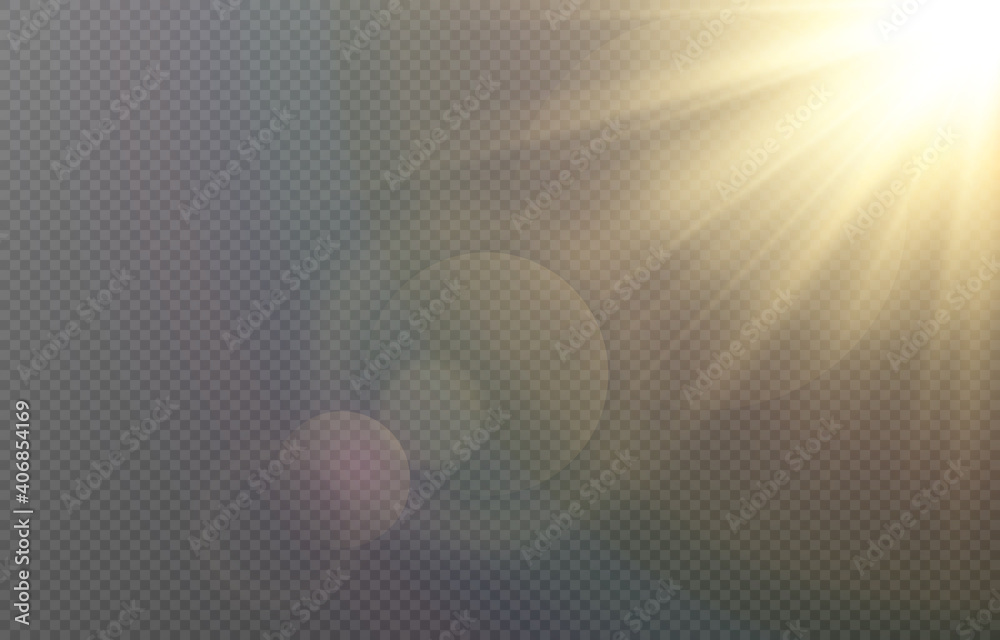 Vector golden light with glare. Sun, sun rays, dawn, glare from the sun png. Gold flare png, glare from flare png.	