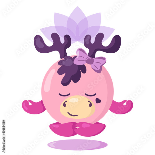 Funny cute kawaii meditating moose with lotus flower over head and round body in flat design with shadows. Isolated meditation animal vector illustration