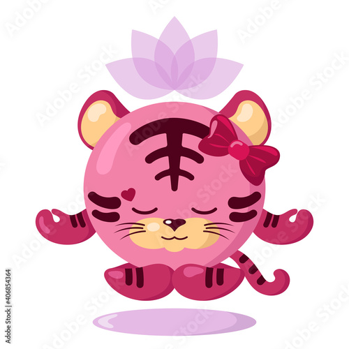 Funny cute kawaii meditating tiger with lotus flower over head and round body in flat design with shadows. Isolated meditation animal vector illustration