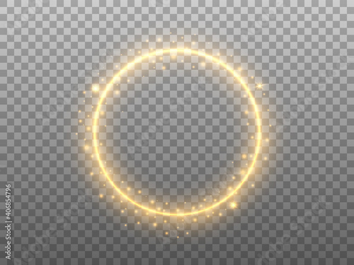Golden circle on transparent backdrop. Glowing ring effect with glitter. Round gold frame and magic stardust. Festive element with glittering elements. Vector illustration