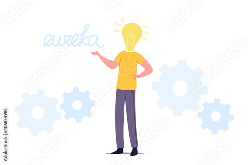 Business Man Work on Project Searching Creative Idea Yell Eureka. Male with Huge Glowing Light Bulb Instead of Head