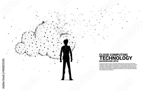 Silhouette of businessman and cloud network technology polygon dot connected line with icon. Concept of cloud server, Storage and data