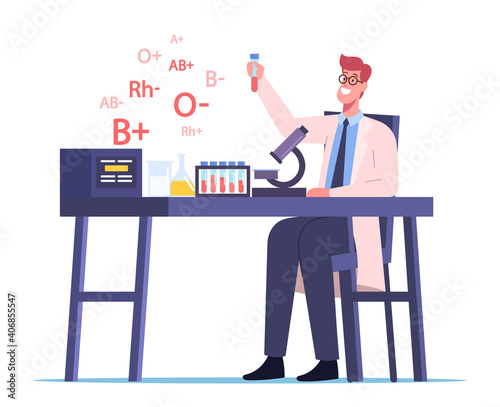 Happy Doctor Male Character Working in Medical Laboratory Examining Blood Types for Transfusion Purposes. Medicine Care