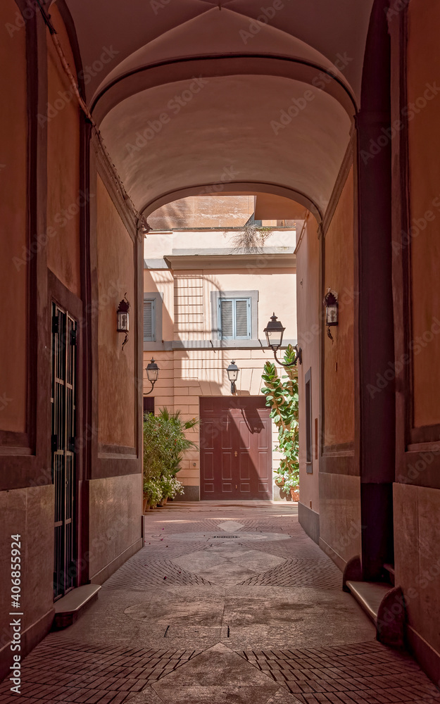 Rome Italy, vintage building portico entrance and internal yard
