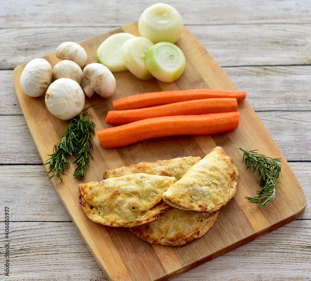 Farmer's market meat pies with fresh organic ingredients for display and ready to eat for tasty traditional ethnic lunch