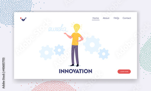 Business Man Work on Project Search Creative Idea Yell Eureka Landing Page Template. Male Character with Huge Bulb Head