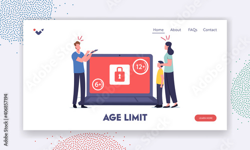 Age Restriction Notification Landing Page Template. Tiny Mother Cover Eyes of Son at Huge Laptop with Adult Content