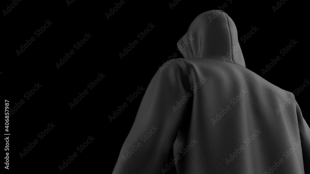 Anonimous hacker with black hoodie in shadow under spot lighting background. Dangorous criminal concept image. 3D CG. 3D illustration. 3D high quality rendering.