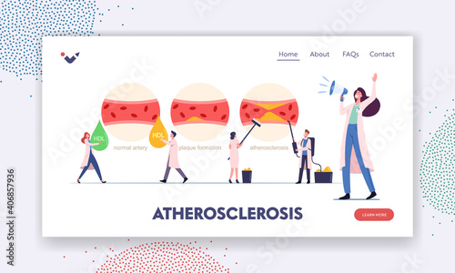 Atherosclerosis Landing Page Template. Tiny Medic Characters Presenting Human Blood Artery Normal, Plaque Formation