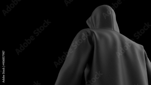 Anonimous hacker with black hoodie in shadow under spot lighting background. Dangorous criminal concept image. 3D CG. 3D illustration. 3D high quality rendering.