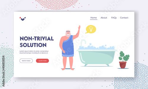 Archimedes Character Say Eureka in Bath Landing Page Template. Idea, Insight of Genius Mathematician Inventor Discovery