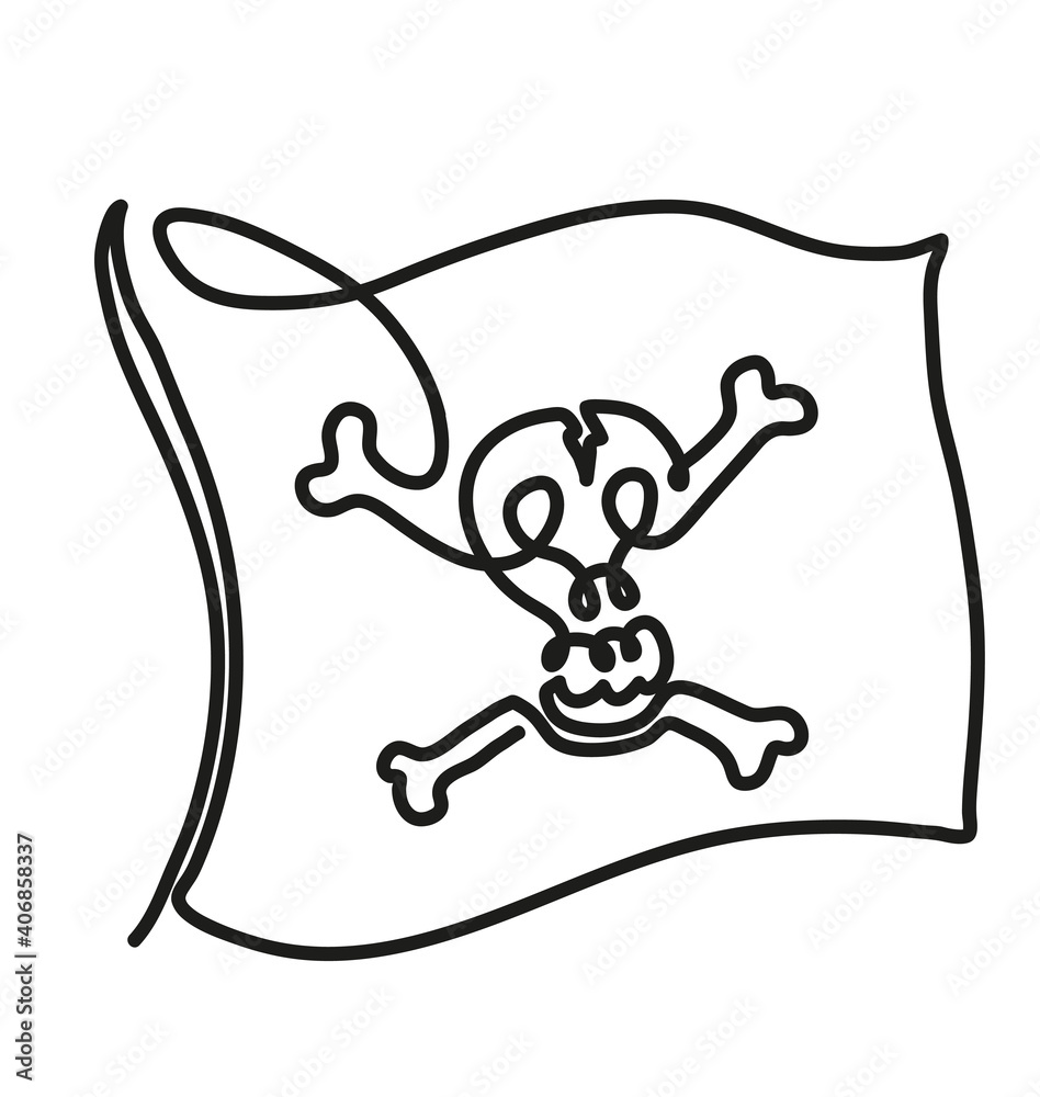 One continuous line drawing of rippled pirate flag. One line drawing of ...
