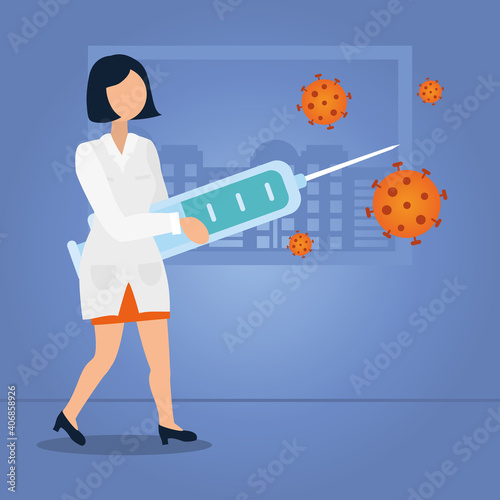 cartoon woman holding a syringe defending against the covid virus around, flat style