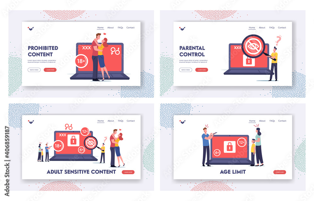 Adult Sensitive Content Landing Page Template Set. Tiny Characters at Laptop Watching Erotic Video. Age Restriction, Xxx
