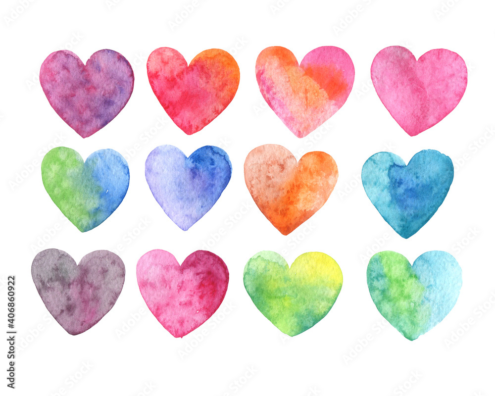 Set of multicolored watercolor hearts on a white background.